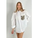 Miss Poem Kadın Leopar Cep Detaylı Uzun Oversize Beyaz Gömlek