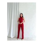 Misscix Fitilli Kolsuz Halter Yaka Kırmızı Kadın Abiye Tulum