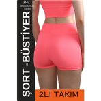 missmaral Kadın Neon Pembe Yüksek Bel Mini Şort Boxer & Pedli İp Askılı Büstiyer Spor Takım 3080