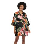 MissNina Kadın Çiçekli Saten Kimono Bornoz Kısa İpeksi Nedime Bornozları Pijama, Siyah, Small-Large