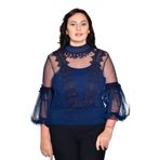 missrose Kadın Büyük Beden Adlet Sandy Kumaş Etek Gipeli Dantelli 2'li Takım Bluz LACİVERT 50