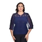 missrose Kadın Büyük Beden İçi Sandy Kumaş Önü Şifon Roba Dantel Taşlı ve İnci Detaylı Bluz LACİVERT 48