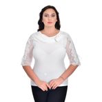 missrose Kadın Büyük Beden Sandy Kumaş Dantel Detaylı Broşlu Bluz BEYAZ 48