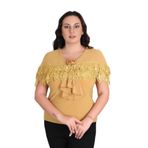 missrose Kadın Büyük Beden Sandy Kumaş Dantel Detaylı Geniş Yaka Bluz HARDAL 46