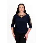missrose Kadın Büyük Beden Sandy Kumaş Kollar Dantel Yaka Biyeli Kruvaze Bluz LACİVERT 48