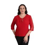 missrose Kadın Büyük Beden Sandy Kumaş Kollar Dantel Yaka Fullar ve İnci Detaylı Bluz KIRMIZI 46
