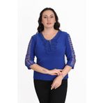 missrose Kadın Büyük Beden Sandy Kumaş Kollar Dantel Yaka Fullar ve İnci Detaylı Bluz SAKS 50