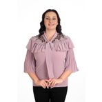 missrose Kadın Büyük Beden Sandy Kumaş Kollar Piliseli Fular Detaylı Bluz PUDRA 48