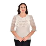 missrose Kadın Büyük Beden Sandy Kumaş Kollar Şifon Piliseli ve Dantteli Yaka İncili Taşlı Bluz BEJ 48