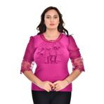 missrose Kadın Büyük Beden Sandy Kumaş Kollar Şifon Piliseli ve Dantteli Yaka İncili Taşlı Bluz MOR 50