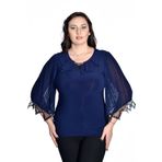 missrose Kadın Büyük Beden Sandy Kumaş Önyaka Dantelli Broşlü Bluz LACİVERT 50