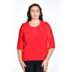 missrose Kadın Büyük Beden Sandy Kumaş Pullu İncili Dantel Kollar Şifon Bluz KIRMIZI 44