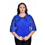 missrose Kadın Büyük Beden Sandy Kumaş Pullu İncili Dantel Kollar Şifon Bluz MAVİ 48