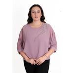 missrose Kadın Büyük Beden Sandy Kumaş Şifon Taş Detaylı Bluz PUDRA 48