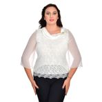 missrose Kadın Büyük Beden Şifon Kumaş İçi Dantelli Degaje Yaka Broşlu Bluz BEYAZ 44