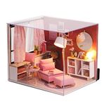 Mistaha DIY Minyatür Dollhouse Kiti Gerçekçi Mini 3D Pembe Ahşap Ev Odası Oyuncak ile mobilya LED Işıkları Noel çocuk Günü Doğum Günü Hediyesi ile Toz kapak