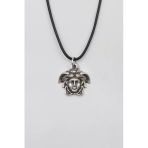 Mitologjik Medusa Siyah Deri İp Kolye - Antik Gümüş Kaplama - Kadın Erkek - 60 Cm