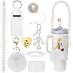 Mity rain Stanley Kupası için 8 ADET Bardak Aksesuarları 30oz 40oz Saplı Bardak, Su Şişesi Tutacağı, Chapstick Tutucu, Çizme, Tılsımlar, Stanley için Hasır Topper Kapak Kapağı (İnci