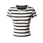 MixMatchy Kadın Casual Basic Going Out Crop Tops Slim Fit Bisiklet Yaka Kısa Kollu Tişört, Beyaz/Siyah (Çizgili), S
