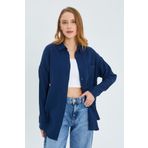 Mixray 3833 Kadın Oversize Cepli Müslin Gömlek Lacivert