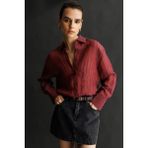 Mixray 4644 Kadın Kabartma Çizgili Transparan Basic Gömlek Bordo