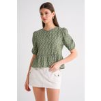 Mixray 4688 Kadın Balon Kol Çiçek Desenli Peplum Bluz Haki