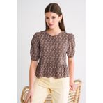 Mixray 4688 Kadın Balon Kol Çiçek Desenli Peplum Bluz Kahve