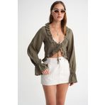 Mixray 4712 Kadın Volanlı Modal Bolero Bluz Haki