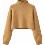 Mixray 6854 Kadın Dik Yaka Bütün Crop Triko Kazak Camel