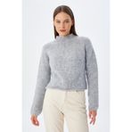 Mixray 6854 Kadın Dik Yaka Bütün Crop Triko Kazak Gri