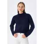 Mixray 6854 Kadın Dik Yaka Bütün Crop Triko Kazak Lacivert
