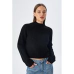 Mixray 6854 Kadın Dik Yaka Bütün Crop Triko Kazak Siyah Siyah