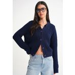 Mixray 6936 Kadın Selanik Düğmeli Regular Fit Triko Hırka Lacivert