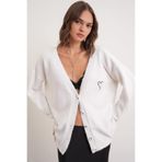 Mixray 6953 Kadın Oversize Yün Karışımlı Premium Kalp Nakışlı Hırka Kemik