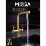 Mixsa Lüx Arıtmalı Gold 3 Yollu Mutfak Eviye Bataryası Musluğu (Sıcak-Soğuk Girişli, Pirinç Malzeme) - Altın