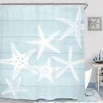 Miyotaa Plaj Denizyıldızı Duş Perdesi Seti 150 cm x 180 cm Deniz Köpüğü Ahşap Rustik Köy Okyanus Vintage Çiftlik Evi Pastel Polyester Su Geçirmez Kumaş Banyo Perdesi 12 Kancalı