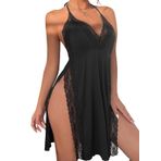 MIZSPISE Kadın seksi gecelik, dantelli, kolsuz, kimyasal gecelik, sabahlık, Babydoll kadın gecelik, V yaka iç çamaşırı, Siyah, S