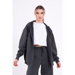 MMETALIC Antrasit Kanguru Cepli Kapüşonlu Fermuarlı Oversize Kadın Sweatshirt