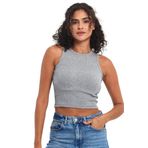 MMETALIC Kadın Fitilli Görünümlü Askılı Kalın Esnek Örme Basic Crop Atlet Bluz (Gri, XS)