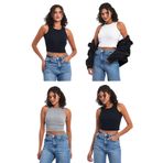 MMETALIC Kadın Siyah-Beyaz-Gri-Lacivert Fitilli Görünümlü Askılı Kalın Esnek Örme 4'lü Basic Crop Atlet Bluz S