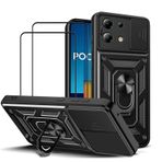 MMlife Xiaomi Poco M6 Pro 4G için Slayt Kamera Kapaklı ve Ayaklı Destek Halkalı Temperli Cam Ekran Koruyucu [2 adet], Askeri Sınıf Darbeye Dayanıklı Koruyucu Kapak, Siyah