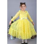 Mnk Baby & Kids Çiçek Motif Dantelli Çocuk Tesettür Elbise MNK0580 - Sarı - 9 Yaş