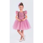 Mnk Baby & Kids Kız Çocuk Nakışlı Tütü Etek Elbise Pembe MNK0578 Kısa Kol Yarasa Stil - 7 Yaş