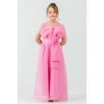 Mnk Baby & Kids Kız Çocuk Organze Tül Çiçek ve Fiyonk Detaylı Gipe Sırtlı Prenses Abiye Elbise M00800 - 11 - 12 Yaş - Pembe