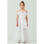 Mnk Baby & Kids Kız Çocuk Organze Tül Çiçek ve Fiyonk Detaylı Gipe Sırtlı Prenses Abiye Elbise M00800 - 6 - 7 Yaş - Beyaz