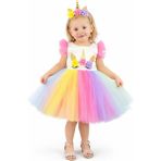 Mnk Baby & Kids Rengarenk Etekli Kız Çocuk Parti Elbisesi Unicorn Detaylı Özel Günler İçin - 6 Yaş - Pembe