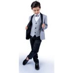 Mnk Baby & Kids Simli Ceketli Yelekli Erkek Çocuk Damatlık Takım MNK0501 Özel Günler İçin - 4 Yaş - Gri