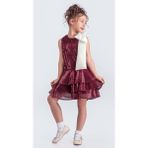 Mnk Baby & Kids Yaka Fiyonk Pul Payet Kumaşlı Kız Çocuk Abiye Elbise M00702 - Bordo - 5 Yaş