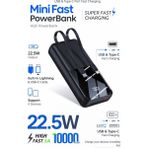 Mo Dou 22.5W Hızlı Şarj Mini Powerbank 10000MAH – Dahili Lightning & Type-C Kablolu Taşınabilir Şarj Cihazı, Dijital Göstergeli, Kompakt Premium Tasarım - Siyah
