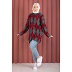 Mo Softie Baklava Desenli Triko Kazak Bordo-Gri - Bordo - Gri - Standart